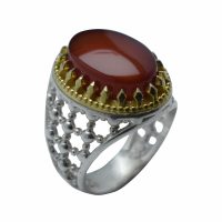 انگشتر عقیق سرخ مردانه نقره طرح ضریح تاج برنجی