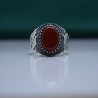 انگشتر عقیق سرخ مردانه نقره طرح کارتیه کد{10875}