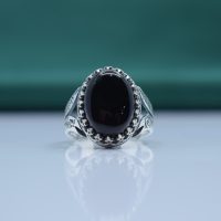 انگشتر عقیق سیاه مردانه نقره طرح ذوالفقار و نوشته لافتی الا علی... کد{101051}