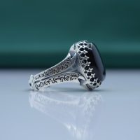 انگشتر عقیق سیاه مردانه نقره طرح ذوالفقار و نوشته لافتی الا علی... کد{101051}