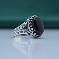 انگشتر عقیق سیاه مردانه نقره طرح ذوالفقار و نوشته لافتی الا علی... کد{101051}