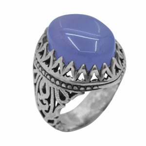 انگشتر عقیق کبود یمنی مردانه نقره دست ساز طرح شبکه کد{10948}