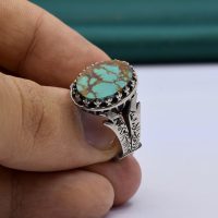 انگشتر فیروزه نیشابوری مردانه نقره روس طرح ذوالفقار کد{101033}