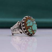 انگشتر فیروزه نیشابوری مردانه نقره روس طرح ذوالفقار کد{101033}