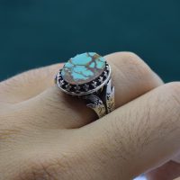 انگشتر فیروزه نیشابوری مردانه نقره روس طرح ذوالفقار کد{101033}