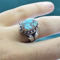 انگشتر فیروزه نیشابوری مردانه نقره روس طرح ذوالفقار کد{101033}