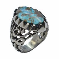 انگشتر فیروزه نیشابوری مردانه نقره روس طرح قلمزنی یارضا (ع) و یاجواد (ع) کد{101034}
