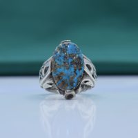 انگشتر فیروزه نیشابوری مردانه نقره روس طرح چهارچنگ کد{101038}