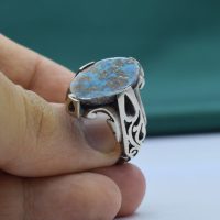انگشتر فیروزه نیشابوری مردانه نقره روس طرح چهارچنگ کد{101038}