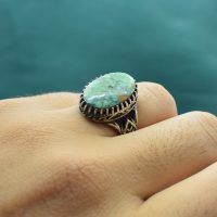 انگشتر فیروزه نیشابوری مردانه نقره روس کد{101037}